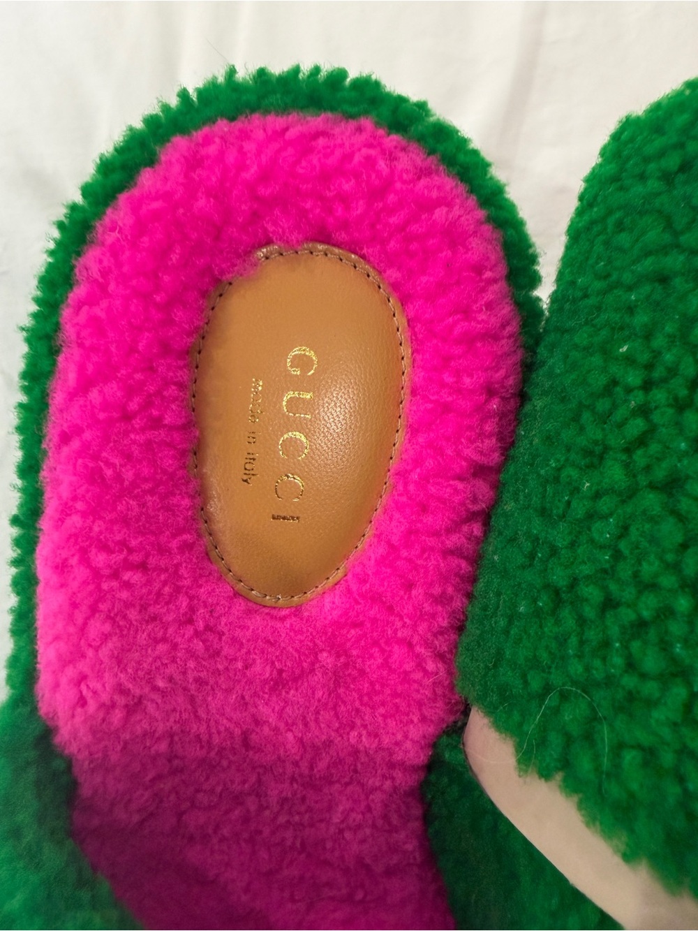 Gucci Hot Pink and Kelly Green Shearling Slides - Picture 2 of 5